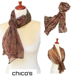 Chico’s 100% Silk Brown Tan Red Paisley Scarf 13” x 64”